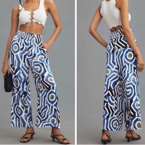 Maeve Anthropologie The Saria Smocked Wide-Leg Pants XS Petite Blue Geometric